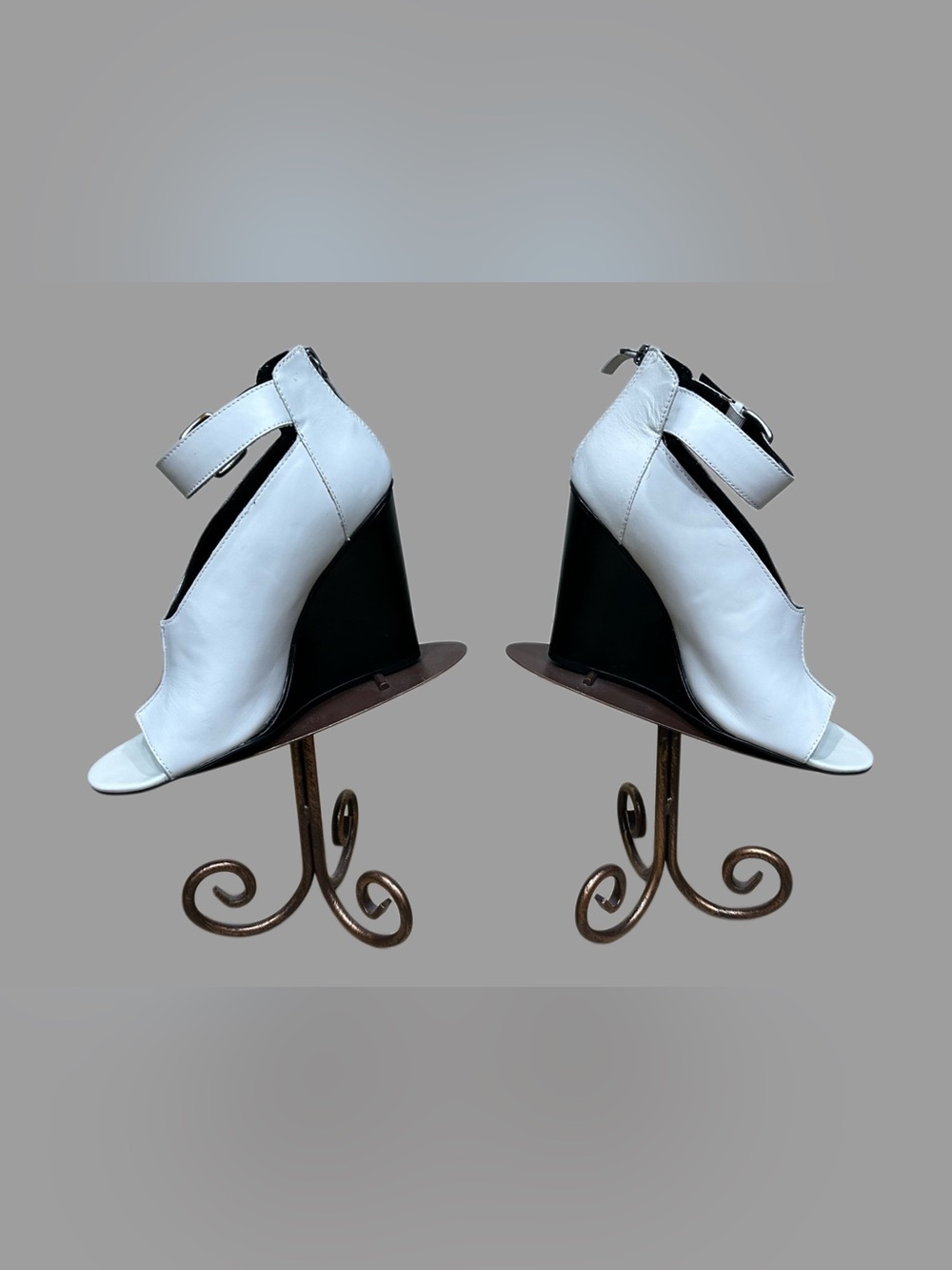 Trouve White and Black Leather Ankle-Strap Wedge Sandals - Picture 3 of 6